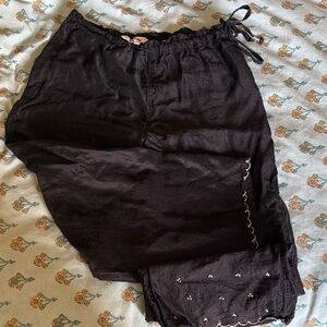 Black Drawstring Pants with Embroidered Hem
